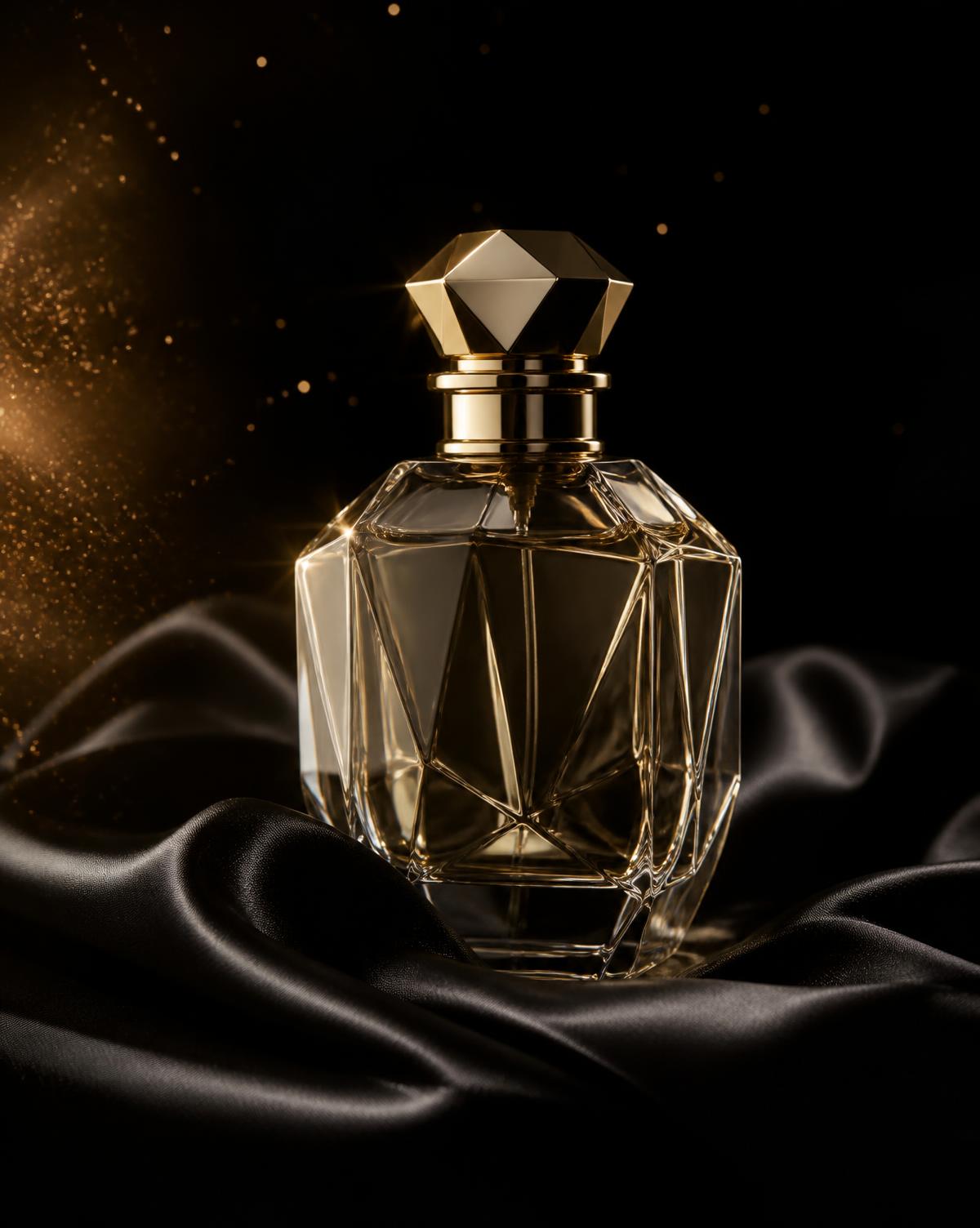 A faceted crystal perfume bottle resting on black satin