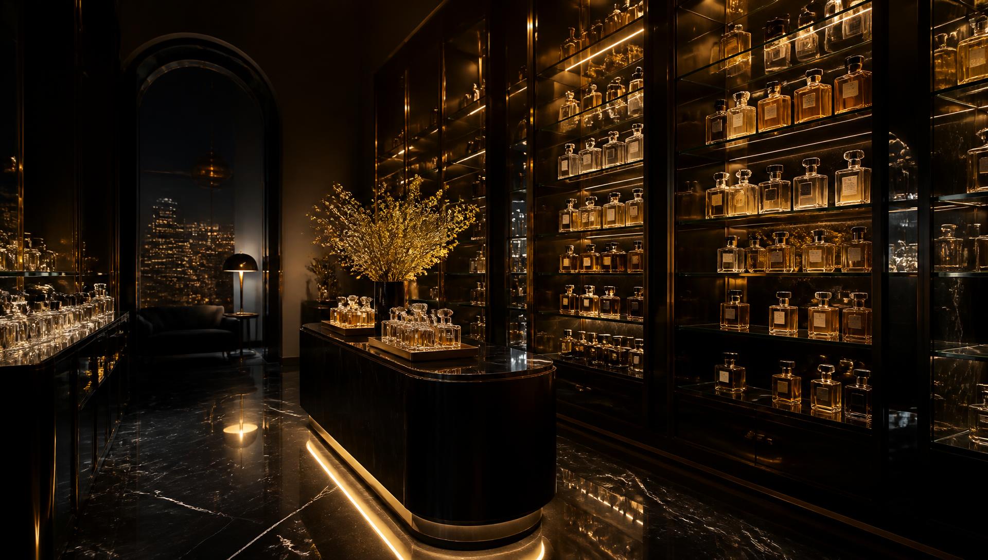 The Mansory Fragrance boutique at night, lined with illuminated perfume bottles